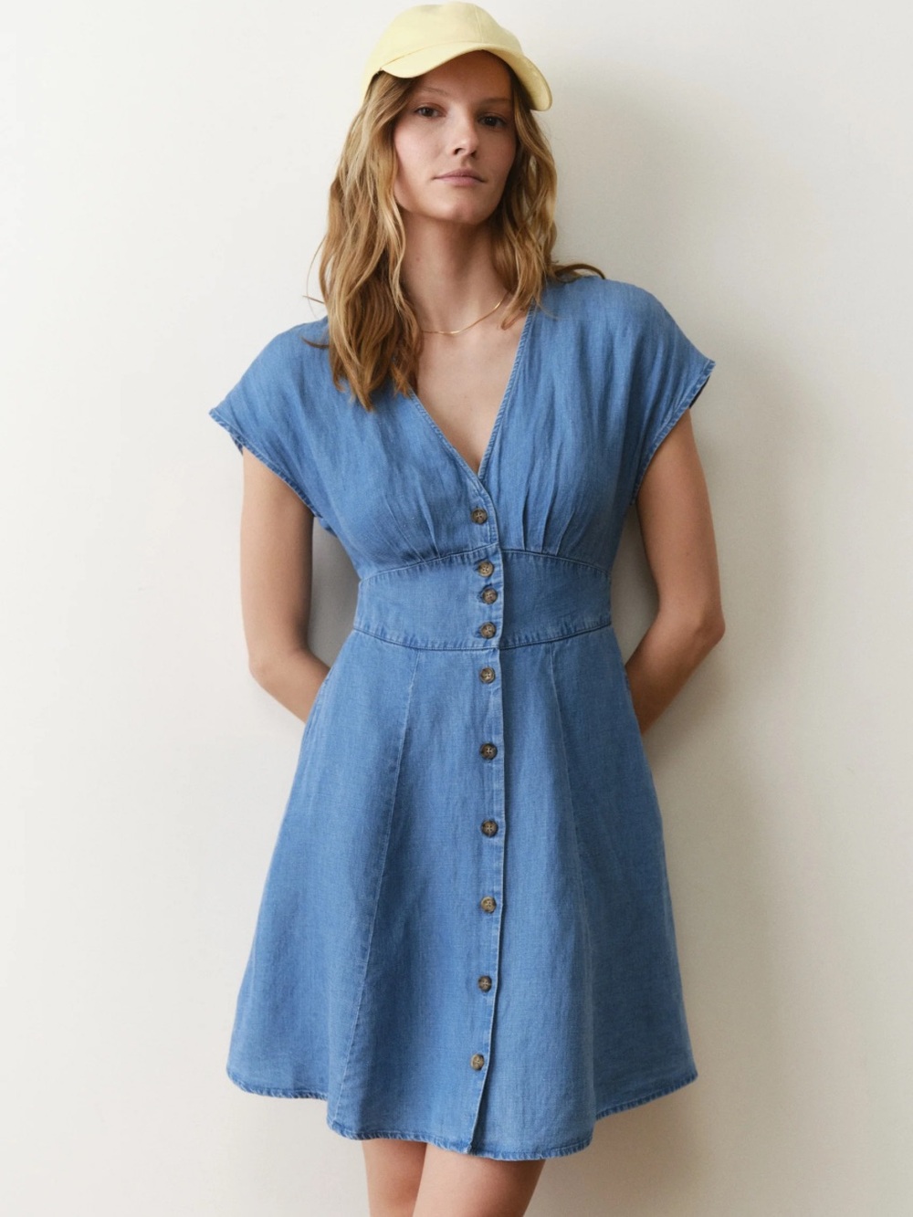 Marine Layer V-Neck Mini Denim Dress with Button Front